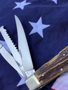 Vintage J A Henckels 3 Blade Multi Blade/Tool Knife w/ Great Stag Handles