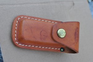 Ka-Bar Folding Knife Sheath Natural Leather Older Embossed Brass Button Perfect Mint 90's Or Earlier
