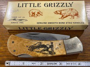 Parker Cut. Co. PA-2 Little Grizzly Scrimshaw Single-Blade Lockback Knife w/Smooth Bone Scales Japan