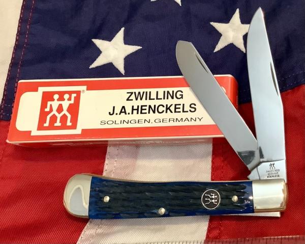 J A Henckels Trapper Pocket Knife with Blue Bone Handles! NOS & M/NM in Orig box J A Henckels Trapper Pocket Knife with Blue Bone Handles! NOS & M/NM in Orig box