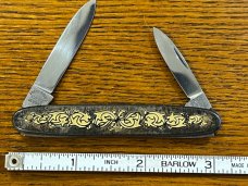Fight'n Rooster Frank Buster Pre-1982 2-Blade Pen Knife w/Metal Cloisonette Scales Germany