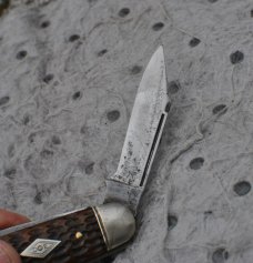 Shapleigh Diamond Edge 3 Blade Jigged Bone 3 5/8" Closed Used Snap Like New D-E Shield 1920's