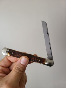 4 5/16 " Hand Made Swell Center Pocket Knife, Nice Filework on the Blade, Unique Design