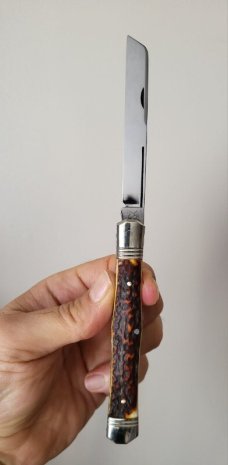 4 5/16 " Hand Made Swell Center Pocket Knife, Nice Filework on the Blade, Unique Design