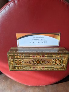 AGA CAMPOLIN BLACK WIDOW W/MOTHER OF PEARL INLAYS & FACTORY FILEWORK + AGA SYRIAN INLAY DISPLAY BOX