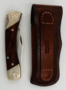 Vtg Schrade SCM-7 CUSTOM Folding Lock-Back Hunter Knife W/Leather Sheath