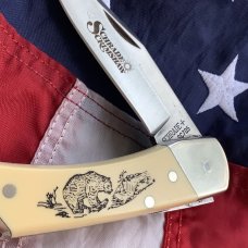 Schrade Scrimshaw Large Folding Hunter (SC705) w/ Bear catching Trout Wilderness Scene -NOS & M/NM