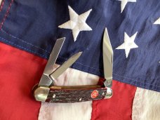 J A Henckels 3 Blade Whittler Knife w/ Great Dark Red Bone Handles! Orig Box - NOS