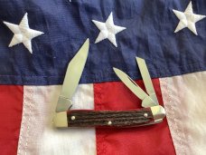J A Henckels 3 Blade Whittler Knife w/ Great Dark Red Bone Handles! Orig Box - NOS