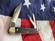 J A Henckels 3 Blade Whittler Knife w/ Great Dark Red Bone Handles! Orig Box - NOS