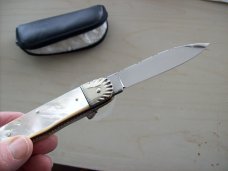 Hubertus Knife Solingen, Germany Large Size 11 Custom Fiery Mother of Pearl 1 of 1 UNUSED BEAUTY!