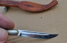 Small Puukko Mint With Original Sheath 4 1/2" OAL Birch Handle Hump Back Pommel Name In Fuller