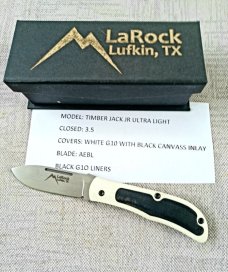 Tracy LaRock Ultralight Timberjack Jr...3.5"..Aebl...g10 liners.White G10 w/black canvas micarta 
