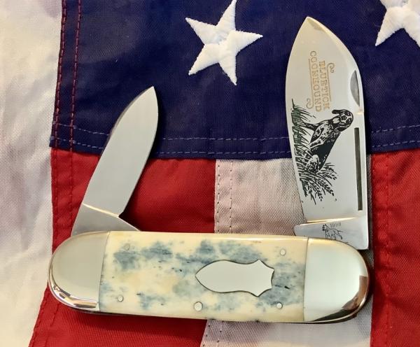 1998 Bulldog Brand HAND MADE / Hammer Forged Elephant Toe w/ Bluetick Coonhound Dog Blade Etch - NOS 1998 Bulldog Brand HAND MADE / Hammer Forged Elephant Toe w/ Bluetick Coonhound Dog Blade Etch - NOS