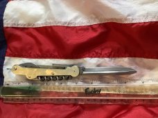 Antique J A Henckels 7 Multi Blade/Tool Knife w/ Metal Handles w/ Long arm twin men & orig pouch