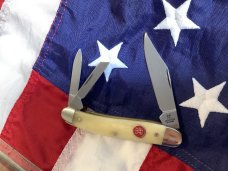 J A Henckels Whittler Pocket Knife w/ White Smooth Bone Handles +Red Shield -NOS