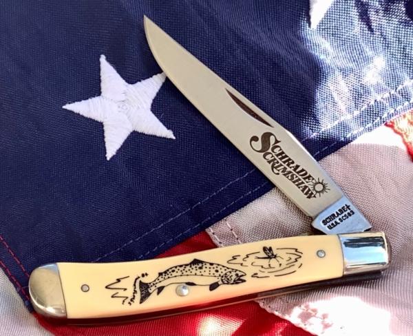 Schrade Scrimshaw Liner Lock Trapper w/ Speckeled Trout Scene +artist signature (SC503) -NOS & M/NM Schrade Scrimshaw Liner Lock Trapper w/ Speckeled Trout Scene +artist signature (SC503) -NOS & M/NM