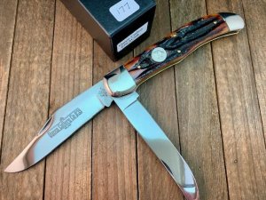 Queen Cutlery Folding Hunter #39 Amber Carved Stag Bone ACSB
