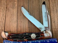Queen Cutlery Folding Hunter #39 Amber Carved Stag Bone ACSB 