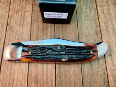 Queen Cutlery Folding Hunter #39 Amber Carved Stag Bone ACSB 