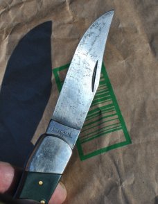 Colonial Lock Back Large 5" Closed Green Saw Cut Delrin No Sign Of Use 110 Style Nickel Bolsters