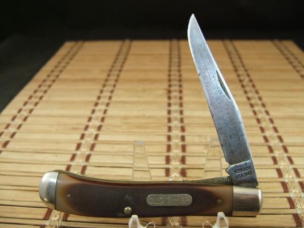 SCHRADE OLD TIMER 194OT GUNSTOCK TRAPPER VINTAGE U.S.A. MADE LINER LOCK CARBON STEEL POCKET KNIFE