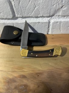 Buck 110 with engraved bolsters & original leather sheath 2020 tang stamp   