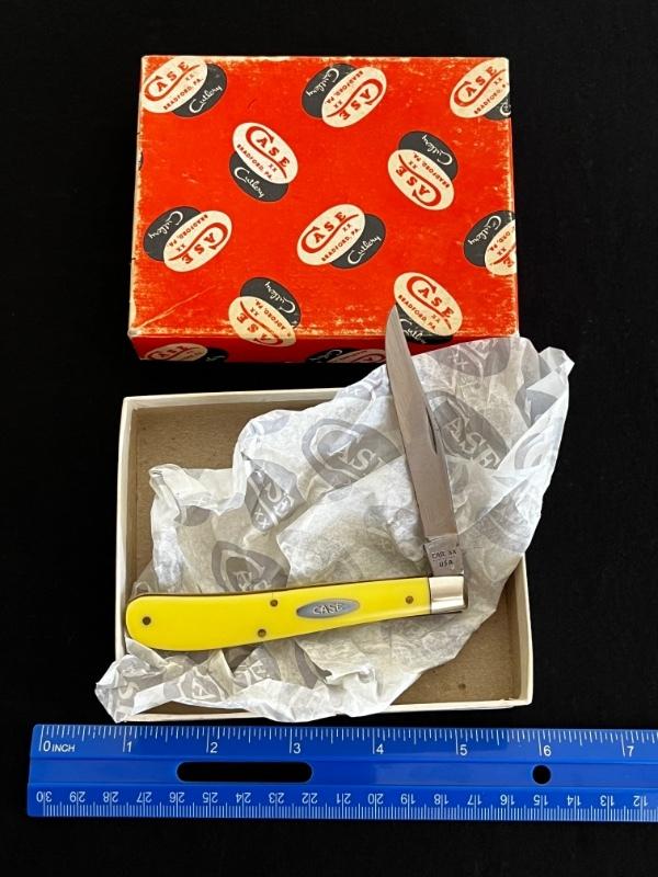 Vintage Case XX 9 Dot Yellow Delrin Slimline Trapper Jack Knife W/Pumpkin Box Vintage Case XX 9 Dot Yellow Delrin Slimline Trapper Jack Knife W/Pumpkin Box