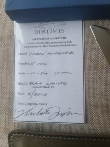 Rare Birdvis Hitchcock, 1 of 3 madr 4" closed..Cpm154..Box,slip& coa...Black Micarta..Safe Queen 