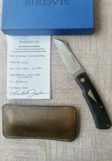 Rare Birdvis Hitchcock, 1 of 3 madr 4" closed..Cpm154..Box,slip& coa...Black Micarta..Safe Queen 