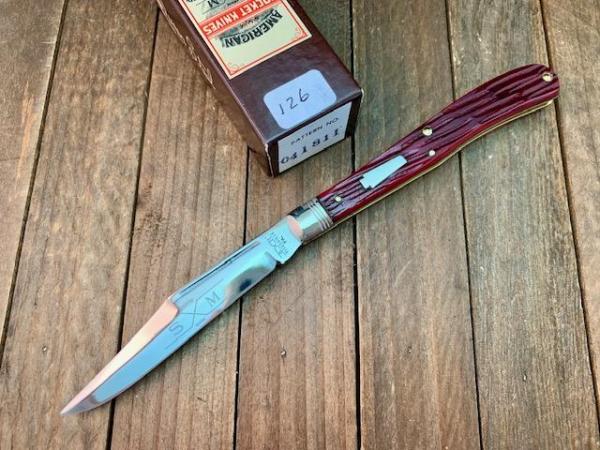 Schatt and Morgan Farmers Slimline Trapper Deep Red Jigged Bone Saber Ground Blade 1992 Schatt and Morgan Farmers Slimline Trapper Deep Red Jigged Bone Saber Ground Blade 1992