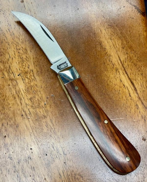 A Wright & Son Peach Pruning (Swayback) Knife with Snakewood Scales and curved Wharncliffe blade