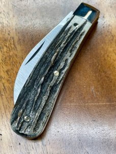 A. Wright & Son Peach (Swayback) Pruner with Stag Scales and Curved Wharncliffe blade