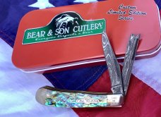 Bear & Son Custom 2 Blade Razor Trapper Knife w/ Abalone Handles & Damascus Blades