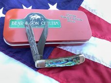 Bear & Son Custom 2 Blade Razor Trapper Knife w/ Abalone Handles & Damascus Blades