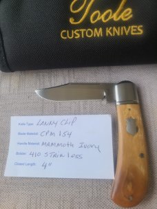 Bobby Toole Mammoth Ivory Lanny..Cpm154..4" closed..coa and pouch..fluted and doved bolsters 