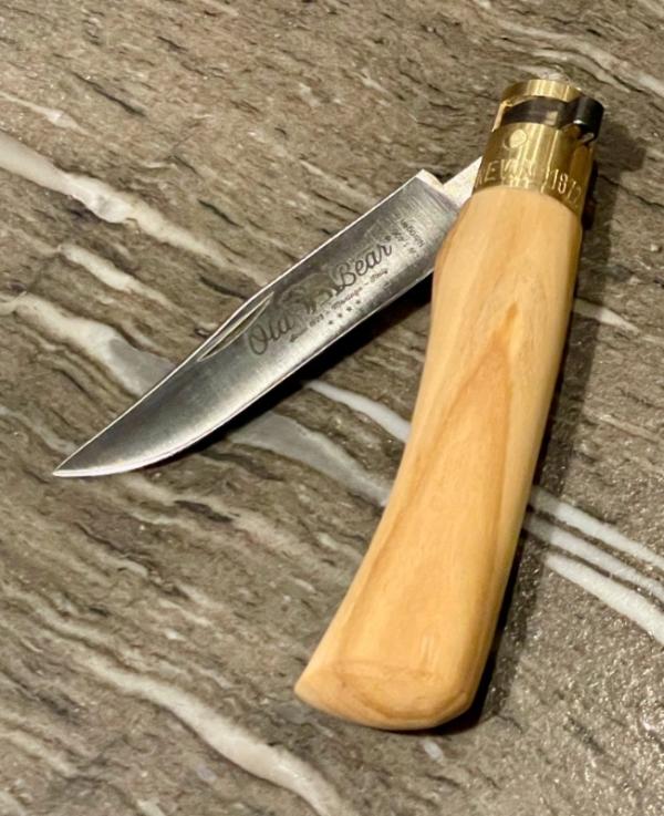 Antonini "Old Bear" Olive wood Outdoor knife with Clip Point blade and brass locking ring (S)