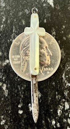 Antique Miniature Folding Knife, England, Mother Of Pearl Cross Crucifix Shape Handle 