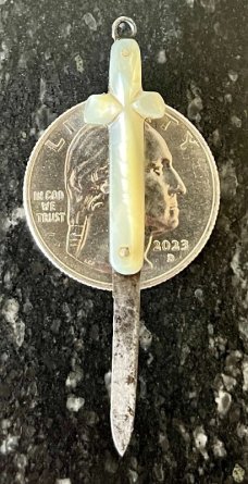 Antique Miniature Folding Knife, England, Mother Of Pearl Cross Crucifix Shape Handle 