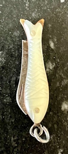 Antique Miniature Folding Knife, Mother Of Pearl Fish Shape Handle 