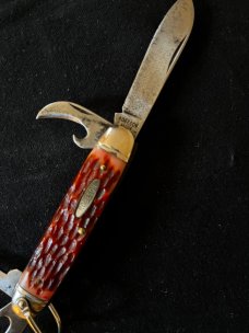 Vintage Robeson Scout Camp Jack Knife W/Strawberry Red Jigged Bone Scales Nice!