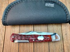 Cattaraugus Cutlery for the KCC Folding 2 Blade Hunter Pin Blade Lock Brown Jigged Bone 1990