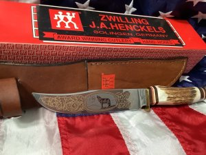 J A Henckels Fixed Blade Hunter Knife w/ Stag Handles & Gold Blade Etch of a Howling Wolf