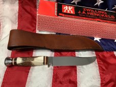 J A Henckels Fixed Blade Hunter Knife w/ Stag Handles & Gold Blade Etch of a Howling Wolf