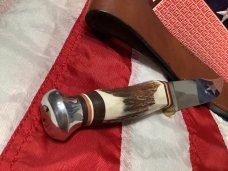 J A Henckels Fixed Blade Hunter Knife w/ Stag Handles & Gold Blade Etch of a Howling Wolf