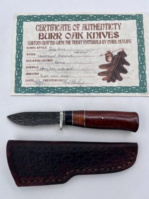 Custom Checkerboard Damascus Drop Point Hunter, Burr Oak Knives, USA Handmade, with sheath