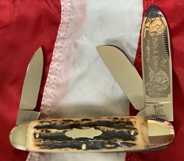 Rare Bulldog Brand Polly & Grace 1999 Cattle Stockman Knife w/ Super Stag Handles -NOS & NM/M Rare Bulldog Brand Polly & Grace 1999 Cattle Stockman Knife w/ Super Stag Handles -NOS & NM/M