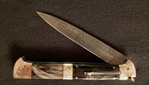 13" Double Eagle Picklock Switchblade. Damascus Blade and Buffalo horn handles.