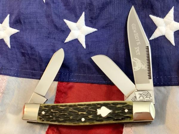 1984 Bulldog Brand “Cowboys’s Pet” Stockman Knife w/ Nice Green Bone Handles -NOS 1984 Bulldog Brand “Cowboys’s Pet” Stockman Knife w/ Nice Green Bone Handles -NOS