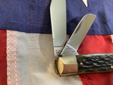 1984 Bulldog Brand “Cowboys’s Pet” Stockman Knife w/ Nice Green Bone Handles -NOS